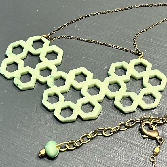 Green and Gold Geometric Necklace with Hexagon Design - Picture 3 of 3